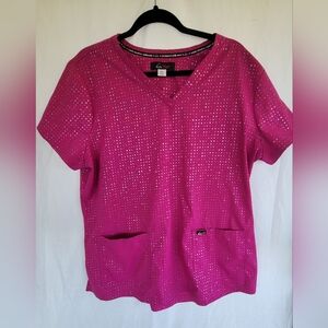Koi Lite X-Large Pink V-Neck With Iridescent Dots Scrub Top with Pockets.